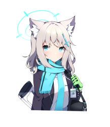 Rule 34 | 1girl, animal ear fluff, animal ears, bag, black jacket, blue archive, blue eyes, blue scarf, breasts, closed mouth, commentary request, cropped torso, fringe trim, gloves, green gloves, grey hair, halo, highres, jacket, korean commentary, long sleeves, looking at viewer, open clothes, open jacket, scarf, shiroko (blue archive), shirt, shoulder bag, simple background, small breasts, solo, upper body, wang0424, white background, white shirt