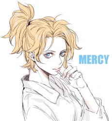 Rule 34 | 1girl, bad id, bad twitter id, black eyes, blonde hair, character name, cigarette, eyelashes, female focus, fingernails, from side, hair ornament, hair tie, holding, holding cigarette, looking at viewer, mercy (overwatch), overwatch, overwatch 1, parted lips, pink lips, ponytail, shirt, simple background, sketch, solo, upper body, white background, white shirt