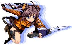 Rule 34 | 1girl, ahoge, blue eyes, boots, brown hair, chain, drill hair, fingerless gloves, foreshortening, fujimon, gloves, jacket, jersey, knife, kunai, original, reverse grip, running, shorts, simple background, solo, thigh strap, track jacket, weapon