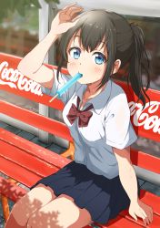 Rule 34 | 1girl, air 0497, arm up, bench, black hair, black skirt, blue eyes, blush, bow, breasts, coca-cola, collarbone, food, highres, looking at viewer, medium breasts, original, ponytail, popsicle, red bow, short hair, short ponytail, short sleeves, sitting, skirt, solo, uniform
