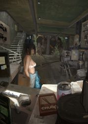 Rule 34 | 1girl, absurdres, bare arms, bare shoulders, black hair, breasts, can, commentary request, ears visible through hair, eating, faiz azhar, flat screen tv, gun, highres, indoors, jumpsuit, lights, looking at viewer, magazine (weapon), mecha, original, pants, pencil, purple eyes, realistic, robot, short hair, solo, stairs, standing, television, weapon, wooden floor