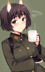 Rule 34 | 1girl, animal ears, blush, breast hold, breasts, brown eyes, brown hair, cup, em (totsuzen no hakike), gokkun, green background, katou takeko, long sleeves, military, military uniform, mug, saliva, saliva trail, short hair, simple background, smile, solo, steam, strike witches, strike witches zero, suggestive fluid, uniform, upper body, world witches series