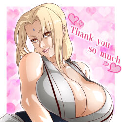 1girl bare_shoulders blonde_hair breast_focus breasts brown_eyes cleavage collarbone english_text facial_mark forehead_mark head_tilt heart heart_background large_breasts looking_at_viewer low_twintails naruto naruto_(series) parted_bangs pink_background saburo_des sash shirt sidelocks sleeveless sleeveless_shirt smile thank_you tsunade_(naruto) twintails upper_body waist_sash white_shirt