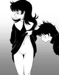 Rule 34 | 1boy, 1girl, arms behind back, black hair, blush, character request, cleft of venus, closed eyes, clothes lift, copyright request, dress, dress lift, embarrassed, gradient background, grey background, kemi (kemi433), lifting another&#039;s clothes, long hair, long sleeves, lowres, monochrome, navel, no panties, pussy, shirt, standing, uncensored, white background