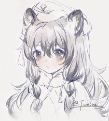 Rule 34 | 1girl, :o, animal ear fluff, animal ears, arknights, capelet, commentary request, fur-trimmed capelet, fur-trimmed headwear, fur trim, grey background, hair between eyes, long hair, looking at viewer, monochrome, parted lips, pramanix (arknights), ruantang226, signature, simple background, solo, upper body