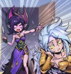 Rule 34 | 2girls, annoyed, armor, bare arms, bare shoulders, breastplate, breasts, cleavage, collarbone, dress, emphasis lines, feathers, feet out of frame, gold armor, grey hair, holding, holding feather, kayle (league of legends), large breasts, league of legends, looking at another, medium hair, morgana (league of legends), multicolored background, multiple girls, off-shoulder dress, off shoulder, open door, open mouth, phantom ix row, pink dress, pink eyes, pointy ears, purple hair, shoulder armor, siblings, sisters, standing, teeth, wrist cuffs, yellow eyes
