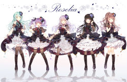 Rule 34 | 5girls, :d, ;), ;d, aqua flower, aqua hair, aqua rose, ascot, bang dream!, black choker, black flower, black footwear, black hair, black legwear, black neckwear, black ribbon, black rose, blue flower, blue rose, blunt bangs, blush, boots, bow, bowtie, brown hair, choker, clenched hand, collared dress, corsage, corset, cross-laced footwear, detached sleeves, dress, finger to mouth, flower, frilled dress, frills, full body, green eyes, group name, hair flower, hair ornament, hair ribbon, half updo, hand in own hair, hand on own chest, hand up, highres, hikawa sayo, imai lisa, knee boots, long hair, looking at viewer, minato yukina, multiple girls, one eye closed, open mouth, overskirt, pantyhose, purple eyes, purple flower, purple hair, purple rose, red eyes, red flower, red rose, reflection, ribbon, rose, roselia (bang dream!), see-through, see-through sleeves, shirokane rinko, short sleeves, silver hair, skirt hold, smile, standing, striped, taya oco, thighhighs, twintails, udagawa ako, vertical stripes, wrist cuffs, yellow eyes