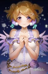 Rule 34 | 1girl, absurdres, breasts, brown hair, closed mouth, collarbone, commentary, flower, hair flower, hair ornament, highres, koizumi hanayo, looking at viewer, love live!, love live! school idol project, medium breasts, nakano maru, own hands together, purple eyes, purple flower, short hair, skirt, smile, solo, two side up, white skirt, x hair ornament
