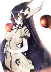 Rule 34 | 10s, 1girl, abyssal ship, akasaai, anchorage water oni, black hair, burnt clothes, colored skin, dress, frilled dress, frills, hair between eyes, horns, kantai collection, long hair, nail polish, orange eyes, pale skin, short sleeves, simple background, solo, steepled fingers, torn clothes, very long hair, white background, white skin