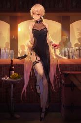 Rule 34 | 1girl, alcohol, bare arms, bare legs, bare shoulders, black dress, blonde hair, bottle, bridal garter, bucket, china dress, chinese clothes, cocktail dress, counter, cup, dress, drinking glass, feather boa, flower, food, fruit, full body, garter straps, gem, girls&#039; frontline, gloves, grapes, high heels, highres, jewelry, long dress, long hair, looking at viewer, luggage, niac, official alternate costume, ots-14 (girls&#039; frontline), ots-14 (sangria succulent) (girls&#039; frontline), pearl (gemstone), ribbon, ring, silhouette, single glove, sleeveless, sleeveless dress, smile, solo focus, very long hair, wine, wine bottle, wine glass, yellow eyes
