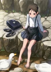 Rule 34 | 1girl, arm support, barefoot, bird, black eyes, black footwear, black hair, black skirt, braid, briefcase, collared shirt, commentary request, duck, loafers, long hair, long sleeves, original, outdoors, pleated skirt, school briefcase, shallow water, shirt, shoes, unworn shoes, sitting, skirt, smile, sody, solo, suspender skirt, suspenders, toes, twin braids, water, white shirt