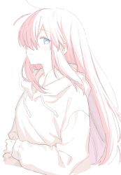 Rule 34 | 1girl, :|, blue eyes, blush, closed mouth, drawstring, expressionless, from side, hair over one eye, hood, hood down, hoodie, limited palette, long hair, long sleeves, looking at viewer, one eye covered, original, pink hair, profile, sideways glance, simple background, sk tsu96, sleeves past wrists, solo, straight hair, upper body, white background, white hoodie