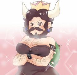 Rule 34 | arm hair, armlet, arms under breasts, bad id, bad twitter id, beard, bishie sparkle, black dress, black hair, bowsette, bracelet, breasts, brown eyes, chest hair, cleavage, crossed arms, dress, earrings, facial hair, frown, gradient background, highres, horns, jack black, jewelry, looking at viewer, mario (series), mustache, new super mario bros. u deluxe, nintendo, pink background, real life, solo, sparkle background, spiked armlet, spiked bracelet, spikes, starteas, strapless, strapless dress, super crown, the super mario bros. movie, white background