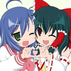 Rule 34 | 00s, 2girls, ahoge, bare shoulders, black hair, bluepony, bow, brown eyes, crossover, detached sleeves, eyebrows, green eyes, hair between eyes, hair bow, hair tubes, hakurei reimu, heart, heart hands, heart hands duo, heart in heart hands, izumi konata, long sleeves, lucky star, mole, mole under eye, multiple girls, one eye closed, open mouth, purple hair, short hair, smile, touhou