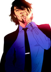 Rule 34 | 1boy, bad id, bad pixiv id, beard, cigarette, facial hair, jacket, jigen daisuke, looking at viewer, lupin iii, ma2, male focus, manly, necktie, open clothes, open jacket, shirt, smoking, solo, watch, white background