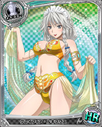 Rule 34 | 10s, 1girl, arabian clothes, armlet, artist request, braid, card (medium), character name, chess piece, grayfia lucifuge, grey eyes, high school dxd, lipstick, maid headdress, makeup, official art, queen (chess), red lips, silver hair, solo, trading card, twin braids