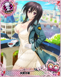 Rule 34 | 10s, 1girl, black hair, breasts, bridge, card, card (medium), character name, chess piece, city, cleavage, cup, dress, covered erect nipples, gloves, high school dxd, high school dxd infinity, large breasts, long hair, military, military uniform, official art, pawn (chess), pink eyes, raynare, river, smile, solo, standing, teacup, trading card, uniform, white dress, white gloves