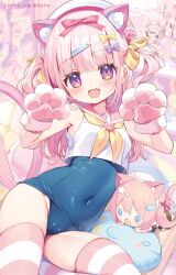 Rule 34 | 1girl, animal ear fluff, animal ears, animal hands, blue one-piece swimsuit, bow, cat ears, cat girl, cat tail, character doll, claw pose, covered navel, fang, gloves, hair bow, hair ornament, hairclip, hat, highres, long hair, looking at viewer, natsuki marina, no pants, old school swimsuit, one-piece swimsuit, open mouth, original, paw gloves, pink eyes, pink hair, ribbon, school swimsuit, school uniform, serafuku, shirt, sitting, sleeveless, sleeveless shirt, smile, solo, striped clothes, striped thighhighs, stuffed toy, swimsuit, swimsuit under clothes, tail, thighhighs, thighs, two side up, white gloves, white hat, white shirt