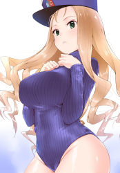 Rule 34 | 1girl, alternate costume, amasora taichi, blonde hair, blue sweater, blush, breasts, closed mouth, commentary request, cowboy shot, drill hair, girls und panzer, green eyes, groin, hat, heattech leotard, highres, large breasts, leotard, long hair, long sleeves, looking at viewer, marie (girls und panzer), ribbed leotard, ribbed sweater, simple background, solo, sweater, thighs, turtleneck, turtleneck sweater