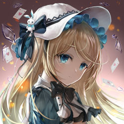 Rule 34 | 1girl, alice (arcaea), arcaea, black bow, blonde hair, blue eyes, bow, bowtie, crying, crying with eyes open, frills, hat, long hair, long sleeves, looking at viewer, ribbon, solo, streaming tears, tearing up, tears, very long hair, white hat, xy wang
