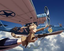 Rule 34 | 1girl, 4boys, absurdres, aircraft, airplane, animal ears, black hair, black neckwear, black ribbon, blonde hair, blue eyes, blue sky, browning m1919, cat ears, cat tail, cloud, consolidated pby catalina, death by lolis, fang, freckles, garrison cap, gun, handgun, hat, headset, highres, holster, katharine ohare, landing gear, machine gun, multiple boys, necktie, raccoon girl, revolver, ribbon, short hair, skin fang, sky, smile, strike witches: suomus misfits squadron, tail, tire, v, vehicle focus, waving, weapon, wheel, world witches series