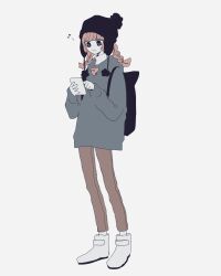 Rule 34 | 1girl, :3, backpack, bag, beanie, black bag, black eyes, black hat, braid, brown hair, brown pants, cellphone, eighth note, flat color, full body, hat, highres, holding, holding phone, hood, long hair, long sleeves, maco22, musical note, original, pants, phone, pom pom (clothes), shoes, simple background, smile, solo, standing, twin braids, white background, white footwear