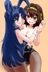 Rule 34 | 2girls, absurdres, animal ear hairband, animal ears, asakura ryouko, bare shoulders, black leotard, blue bow, blue bowtie, blue eyes, blue hair, blue leotard, blush, bow, bowtie, breasts, brown background, brown eyes, brown hair, collar, collarbone, commentary request, commission, convenient censoring, detached collar, fake animal ears, fishnet pantyhose, fishnets, hair between eyes, hair ribbon, hairband, hand on another&#039;s cheek, hand on another&#039;s face, highres, holding another&#039;s wrist, large breasts, leotard, long hair, multiple girls, official alternate costume, open mouth, pantyhose, parted bangs, playboy bunny, rabbit ears, ribbon, sadarann, short hair, simple background, skeb commission, suzumiya haruhi, suzumiya haruhi no yuuutsu, torn clothes, torn leotard, white collar, wrist cuffs, yellow hairband, yellow ribbon, yuri