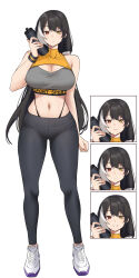 Rule 34 | 1girl, absurdres, alternate costume, black hair, black pants, bottle, breasts, cleavage, commission, expressions, full body, girls&#039; frontline, heterochromia, highres, holding, holding bottle, large breasts, long hair, midriff, multicolored hair, navel, pants, pinepin, red eyes, ro635 (girls&#039; frontline), shoes, simple background, smile, sneakers, sports bra, sportswear, streaked hair, tight clothes, tight pants, white background, white hair, yellow eyes, yoga pants