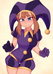 Rule 34 | 1girl, a hat in time, absurdres, aged up, alternate color, asymmetrical gloves, blue eyes, blush, breasts, brown hair, commentary, contrapposto, cosplay, cowboy shot, english commentary, gloves, hat, hat bell, hat kid, highres, jester, jester cap, large breasts, medium hair, mismatched gloves, multicolored clothes, multicolored hat, pomni (the amazing digital circus), pomni (the amazing digital circus) (cosplay), purple gloves, purple hat, short sleeves, solo, striped clothes, striped headwear, the amazing digital circus, thigh gap, vertical-striped bodysuit, vertical-striped clothes, vertical-striped headwear, xyronii