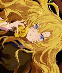 Rule 34 | 1girl, blonde hair, blue eyes, flower, hand up, highres, holding, holding flower, ib (kouri), long hair, looking at viewer, mary (ib), nozz177, portrait, puffy sleeves, rose, sideways, solo, swept bangs, yellow flower, yellow rose