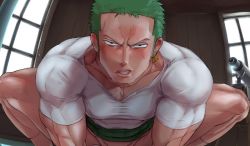 Rule 34 | 1boy, animated, bara, blush, bottomless, earrings, frown, fumio (snnmfmw), green hair, jewelry, lips, long sideburns, looking at viewer, male focus, muscular, muscular male, naked shirt, one piece, out-of-frame censoring, paid reward available, pectorals, pov, paid reward available, roronoa zoro, shirt, short hair, sideburns, single earring, solo, sweat, tight clothes, tight shirt, ugoira, unfinished, wet, wet clothes, wet shirt