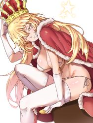 Rule 34 | 1girl, absurdres, bikini, blonde hair, breasts, bright pupils, brown eyes, cape, cleavage, commentary, crown, ebora, elbow gloves, english commentary, fur-trimmed cape, fur trim, gloves, grin, hair between eyes, hand up, highres, knee up, large breasts, long hair, looking at viewer, looking to the side, navel, one eye closed, parted lips, red cape, shiny skin, shokuhou misaki, side-tie bikini bottom, sitting, smile, solo, sparkle, sparkling eyes, spider web print, star-shaped pupils, star (symbol), stomach, string bikini, swimsuit, symbol-shaped pupils, teeth, thighhighs, thighs, toaru kagaku no mental out, toaru kagaku no railgun, toaru majutsu no index, very long hair, white background, white bikini, white gloves, white pupils, white thighhighs