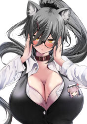 Rule 34 | 1girl, absurdres, alternate costume, animal collar, animal ear fluff, animal ears, arknights, badge, belt collar, bespectacled, blush, breasts, button badge, ceylon (arknights), cleavage, collar, commentary request, dress shirt, glasses, grey hair, hair between eyes, highres, huge breasts, kokihanada, looking at viewer, medium hair, orange eyes, parted lips, partially unbuttoned, ponytail, schwarz (arknights), shirt, solo, upper body, white shirt