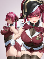 Rule 34 | 1girl, bare arms, bare shoulders, black headwear, black thighhighs, blush, breasts, brooch, cleavage, covered navel, from side, gloves, hair ornament, hair ribbon, hat, heterochromia, highres, hololive, houshou marine, jewelry, large breasts, long hair, looking at viewer, multiple views, oekakizuki, open mouth, parted lips, pirate hat, red eyes, red skirt, red vest, ribbon, see-through, see-through cleavage, simple background, skindentation, skirt, sleeveless, smile, thighhighs, thighs, twintails, vest, virtual youtuber, white gloves, yellow eyes