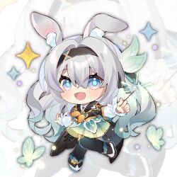 Rule 34 | 1girl, animal ears, aqua skirt, black footwear, black jacket, black sailor collar, black thighhighs, blue eyes, boots, bug, butterfly, chenli noki, chibi, cropped jacket, firefly (honkai: star rail), fireworks, full body, gold trim, gradient hair, gradient skirt, hashtag-only commentary, highres, holding, holding fireworks, honkai: star rail, honkai (series), insect, jacket, long hair, long sleeves, looking at viewer, multicolored hair, neckerchief, open mouth, rabbit ears, sailor collar, sidelocks, skirt, smile, solo, sparkle, thighhighs, very long hair, white background, white hair, yellow neckerchief, yellow skirt, zoom layer