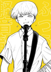 Rule 34 | 1boy, commentary request, copyright name, dress shirt, electric guitar, futsuu no keion-bu, greyscale with colored background, guitar, guitar strap, highres, holding, holding guitar, holding instrument, instrument, looking at viewer, male focus, microphone, microphone stand, nabeshima nabeo, playing guitar, shirt, short hair, short sleeves, smile, solo, straight-on, sweat, takami kouki, upper body, v-shaped eyebrows, yellow background