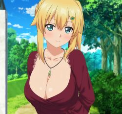 Rule 34 | 1girl, absurdres, aqua eyes, arms behind back, blonde hair, blush, breasts, cleavage, dress, emma brightness, highres, jewelry, large breasts, looking at viewer, necklace, ore dake haireru kakushi dungeon, side ponytail, smile, stitched, third-party edit
