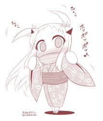 Rule 34 | 10s, 1girl, abyssal ship, alternate hairstyle, blush, contemporary, flower, hair ornament, horns, japanese clothes, kantai collection, kimono, looking at viewer, mittens, monochrome, musical note, northern ocean princess, quaver, sandals, solo, twintails, wide sleeves, yamato nadeshiko