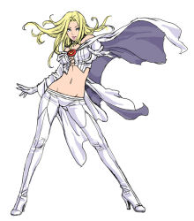 Rule 34 | 10s, 1girl, animification, arm behind back, bare shoulders, blonde hair, blue eyes, boots, breasts, cape, choker, cleavage, concept art, contrapposto, corset, crop top, elbow gloves, emma frost, fighting stance, flat color, foreshortening, full body, gloves, groin, high heel boots, high heels, hip focus, leaning to the side, legs apart, lipstick, long hair, looking at viewer, lowleg, makeup, marvel, midriff, navel, no bra, no panties, outstretched arm, outstretched hand, pants, shoes, simple background, skin tight, smile, solo, spread legs, standing, strapless, thigh boots, thighhighs, tube top, white background, white thighhighs, wide hips, wind, x-men, yamashita shun&#039;ya