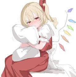 Rule 34 | 1girl, blonde hair, blush, closed mouth, crystal, flandre scarlet, hair between eyes, hair ribbon, highres, holding, holding pillow, looking at viewer, no headwear, paragasu (parags112), pillow, puffy short sleeves, puffy sleeves, red eyes, red ribbon, red skirt, ribbon, short sleeves, side ponytail, simple background, sitting, skirt, solo, touhou, white background, wings