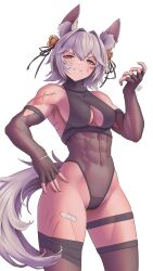 Rule 34 | 1girl, abs, absurdres, animal ear fluff, animal ears, asymmetrical legwear, bandaid, bell, breasts, collarbone, commentary, covered abs, covered navel, elbow gloves, english commentary, filian (vtuber), fingerless gloves, gloves, grey hair, grin, hair bell, hair intakes, hair ornament, half-closed eyes, hand on own hip, highres, indie virtual youtuber, looking at viewer, medium breasts, muscular, muscular female, purple eyes, scar, short hair, signature, smile, solo, tail, virtual youtuber, white background, zhvo