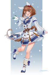 Rule 34 | absurdres, animal ears, belt, boots, braid, breasts, brown eyes, brown hair, collarbone, commentary request, crown braid, full body, highres, horse ears, horse tail, jewelry, leg up, looking at viewer, medium breasts, medium hair, necklace, open mouth, sagoromo 04, simple background, snow, snow rabbit, standing, standing on one leg, tail, umamusume, yukino bijin (umamusume)