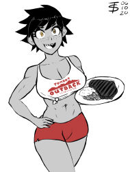 Rule 34 | 1girl, abs, absurdres, black hair, breasts, cleavage, cowboy shot, dated, femboy hooters (meme), food, freckles, gekikara (tomboy-sama), highres, holding, holding plate, large breasts, limited palette, meme, midriff, navel, open mouth, orange shorts, original, outback steakhouse, plate, print tank top, sharp teeth, shirt, short hair, short shorts, shorts, simple background, smile, solo, standing, steak, tank top, teeth, tied shirt, tomboy, tomboy outback, white background, yellow eyes