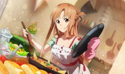 Rule 34 | 1girl, apron, asuna (sao), blurry, blurry background, braid, brown eyes, brown hair, closed mouth, collarbone, cooking, dutch angle, green shirt, holding, kitchen, leaning forward, lens flare, long hair, shirt, short sleeves, smile, solo, standing, sword art online, very long hair, white apron