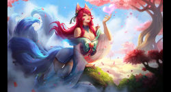 Rule 34 | 1girl, ahri (league of legends), animal ears, bare shoulders, bell, breasts, cherry blossoms, cleavage, detached collar, facial mark, fox ears, grey kimono, hair bell, hair between eyes, hair ornament, hand up, heart, japanese clothes, kimono, league of legends, long hair, long sleeves, miao miao jiang, multiple tails, nail polish, off shoulder, outdoors, pillarboxed, red nails, solo, spirit blossom (league of legends), spirit blossom ahri, tail, thighhighs, white thighhighs, wide sleeves