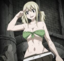 Rule 34 | 1girl, blonde hair, breasts, brown eyes, cleavage, dirty, fairy tail, female focus, happy, highres, large breasts, long hair, lucy heartfilia, navel, open mouth, screencap, solo, standing, stitched, third-party edit, underboob