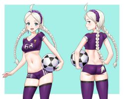 Rule 34 | 1girl, absurdres, adidas, alternate costume, ass, back turned, ball, blue eyes, braid, breasts, buttons, crop top, crystal earrings, earrings, fire emblem, fire emblem fates, highres, holding, holding ball, igni tion, jewelry, low twin braids, md5 mismatch, medium breasts, navel, nina (fire emblem), nintendo, purple nails, purple shirt, purple shorts, resolution mismatch, shirt, short shorts, shorts, soccer ball, soccer uniform, solo, source smaller, sportswear, thighhighs, twin braids, white hair