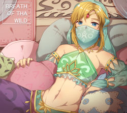 Rule 34 | 1boy, armlet, bare shoulders, blonde hair, blue eyes, bridal gauntlets, collarbone, commentary request, crossdressing, detached sleeves, earrings, english text, gerudo set (zelda), haru (nakajou-28), jewelry, link, looking at viewer, male focus, mask, midriff, mouth veil, navel, nintendo, official alternate costume, pillow, pointy ears, see-through, sitting, solo, stomach, the legend of zelda, the legend of zelda: breath of the wild, trap, typo, veil
