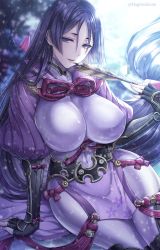 Rule 34 | 1girl, armor, arrow (projectile), artist name, black gloves, bodysuit, breasts, covered navel, elbow gloves, fate/grand order, fate (series), fingerless gloves, gloves, hagino kouta, highres, japanese armor, kote, large breasts, long hair, looking at viewer, low-tied long hair, minamoto no raikou (fate), parted bangs, parted lips, pelvic curtain, purple bodysuit, purple eyes, purple hair, ribbed sleeves, rope, sitting, tassel, thighs, very long hair
