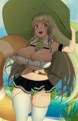Rule 34 | 1girl, :d, antenna hair, arm cuffs, ascot, beach, bikini, bikini bottom only, black skirt, breasts, button gap, chest strap, crop top, day, frills, gluteal fold, goddess of victory: nikke, green ascot, green headwear, hair ornament, hairclip, heart antenna hair, highres, innertube, large breasts, large hat, light blush, light green hair, long hair, navel, ocean, open mouth, outdoors, peach-cup, pink eyes, sand, skindentation, skirt, sleeveless, smile, soda (nikke), solo, swim ring, swimsuit, thighhighs, water, white thighhighs